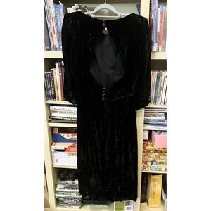 Stunning Crushed Velvet Black Open Back Dress Vintage 80s Midi Elegant Lined M